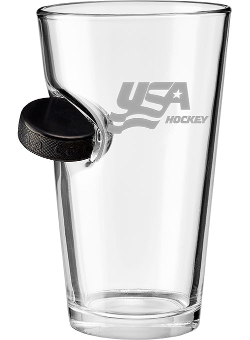 USA Hockey Puck Pint Glass - Front View