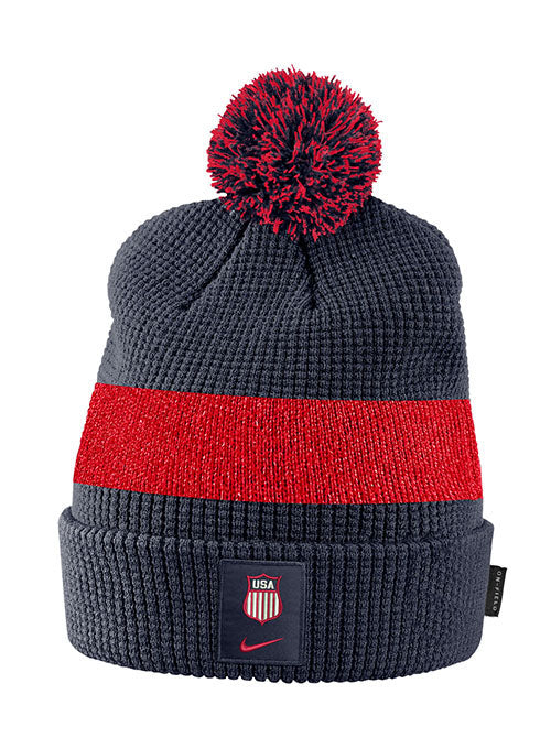 Nike USA Hockey Olympic Cuffed Pom Beanie in Black and Red - Front View