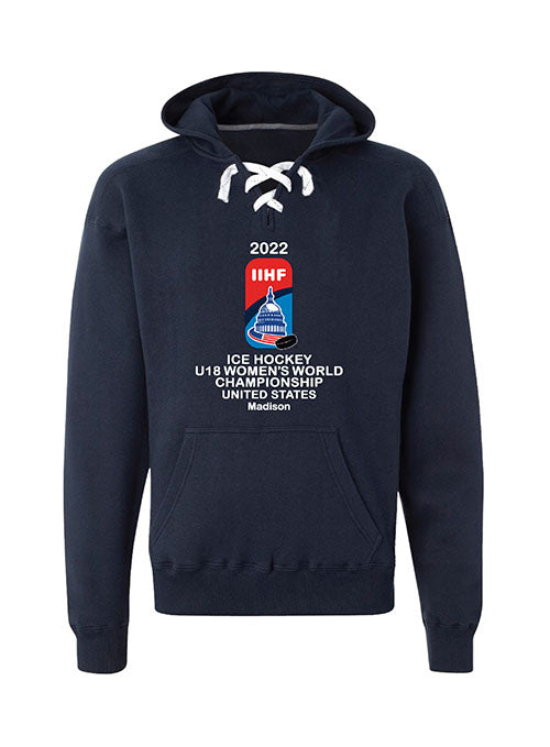 2022 IIHF U18 Women's World Championship Sport Lace Hooded Sweatshirt - Navy - Front View